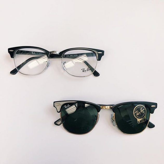 Photograph of 2 pairs of Ray Ban eyeglasses and sunglasses at the office of eye doctors Daniel Yamamoto & Tracie Inouchi.